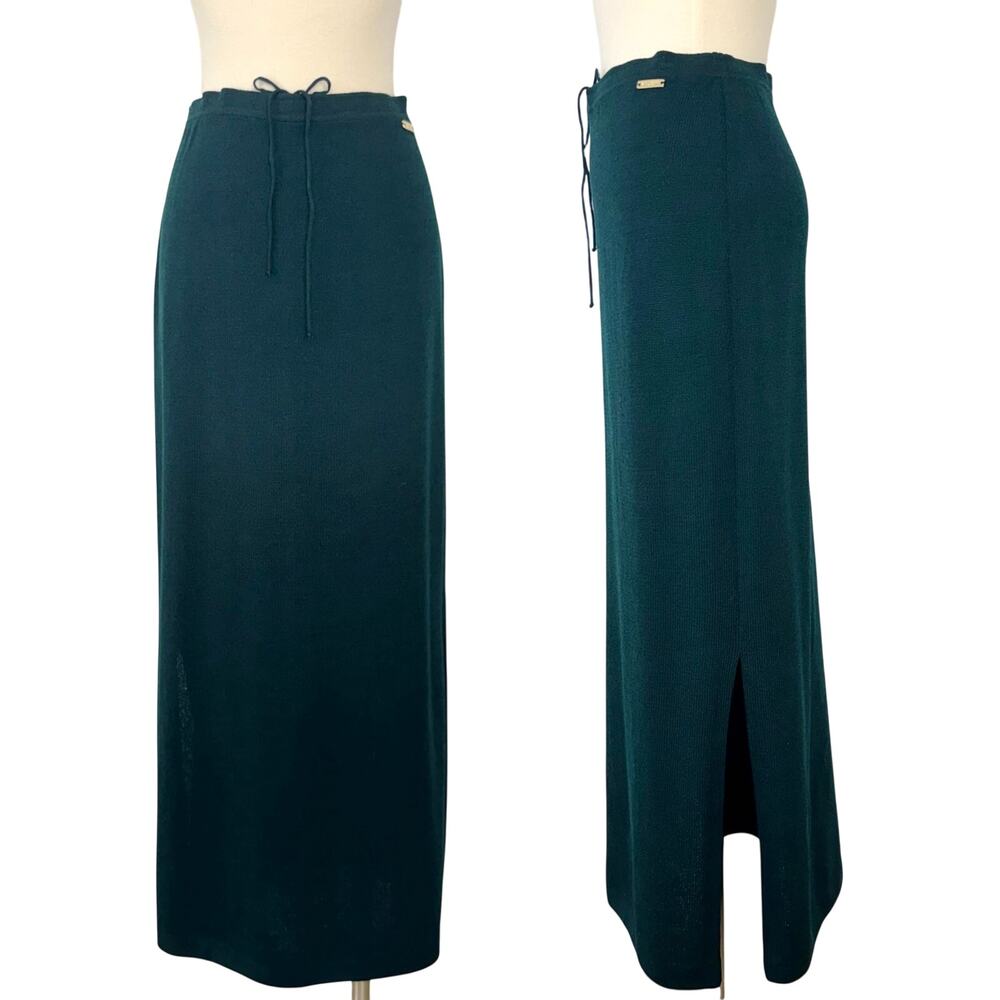 St. John Knit Maxi Skirt Side Slit Santana Wool Blend Dark Teal Green Size: M